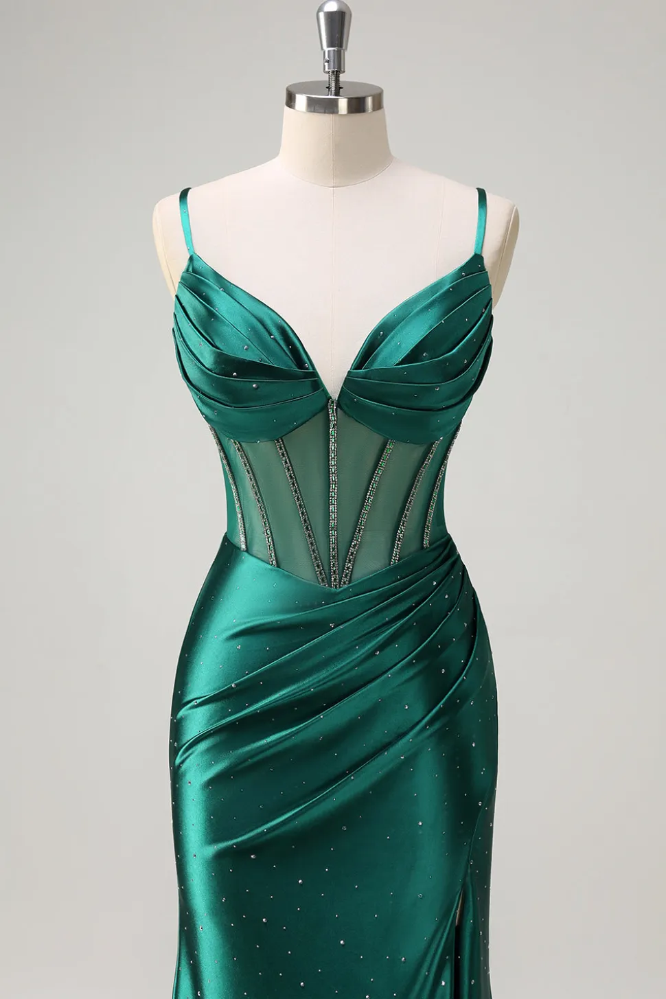 Brilhante verde escuro sereia espaguete correias espartilho frisado longo vestido de baile com fenda