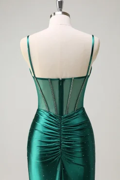 Brilhante verde escuro sereia espaguete correias espartilho frisado longo vestido de baile com fenda
