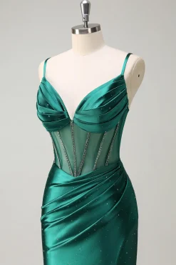 Brilhante verde escuro sereia espaguete correias espartilho frisado longo vestido de baile com fenda