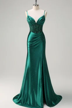 Brilhante verde escuro sereia espaguete correias espartilho frisado vestido de baile com fenda