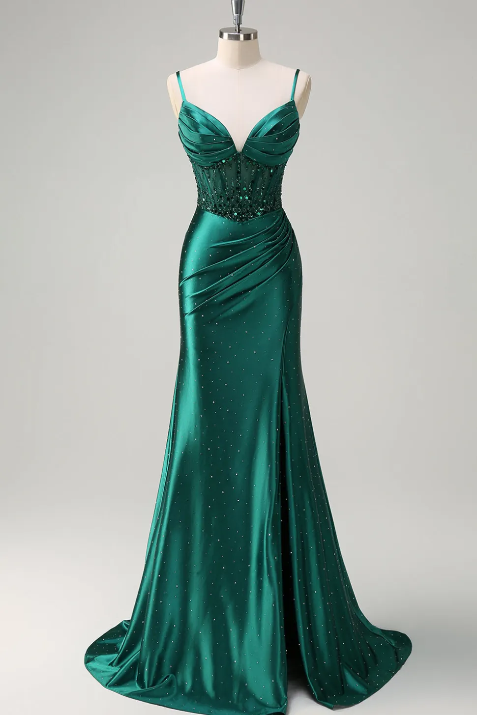 Brilhante verde escuro sereia espaguete correias espartilho frisado vestido de baile com fenda