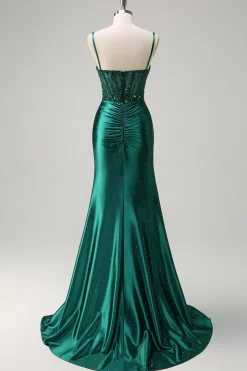 Brilhante verde escuro sereia espaguete correias espartilho frisado vestido de baile com fenda