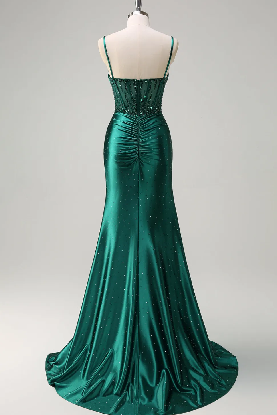 Brilhante verde escuro sereia espaguete correias espartilho frisado vestido de baile com fenda