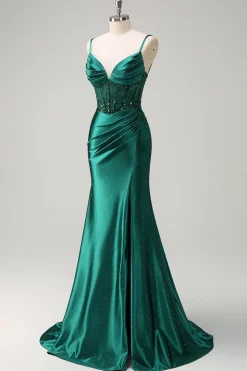 Brilhante verde escuro sereia espaguete correias espartilho frisado vestido de baile com fenda