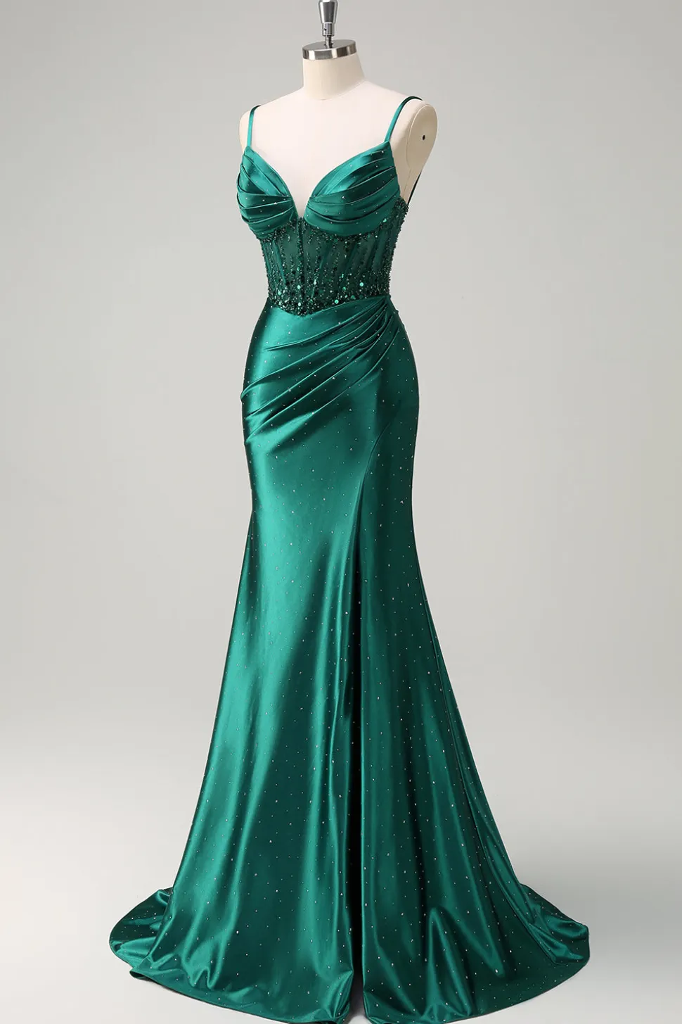 Brilhante verde escuro sereia espaguete correias espartilho frisado vestido de baile com fenda