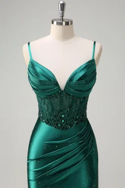 Brilhante verde escuro sereia espaguete correias espartilho frisado vestido de baile com fenda
