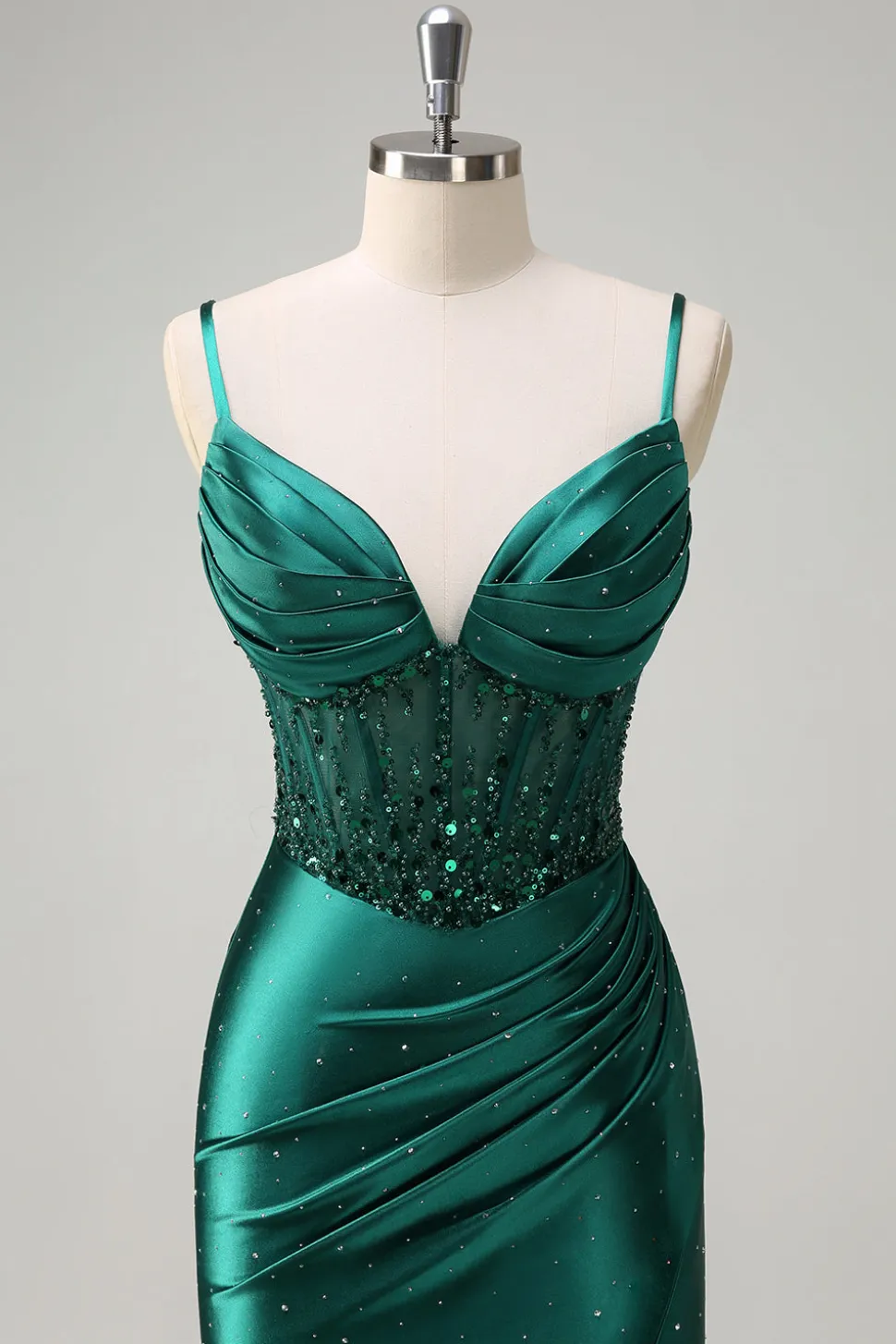 Brilhante verde escuro sereia espaguete correias espartilho frisado vestido de baile com fenda
