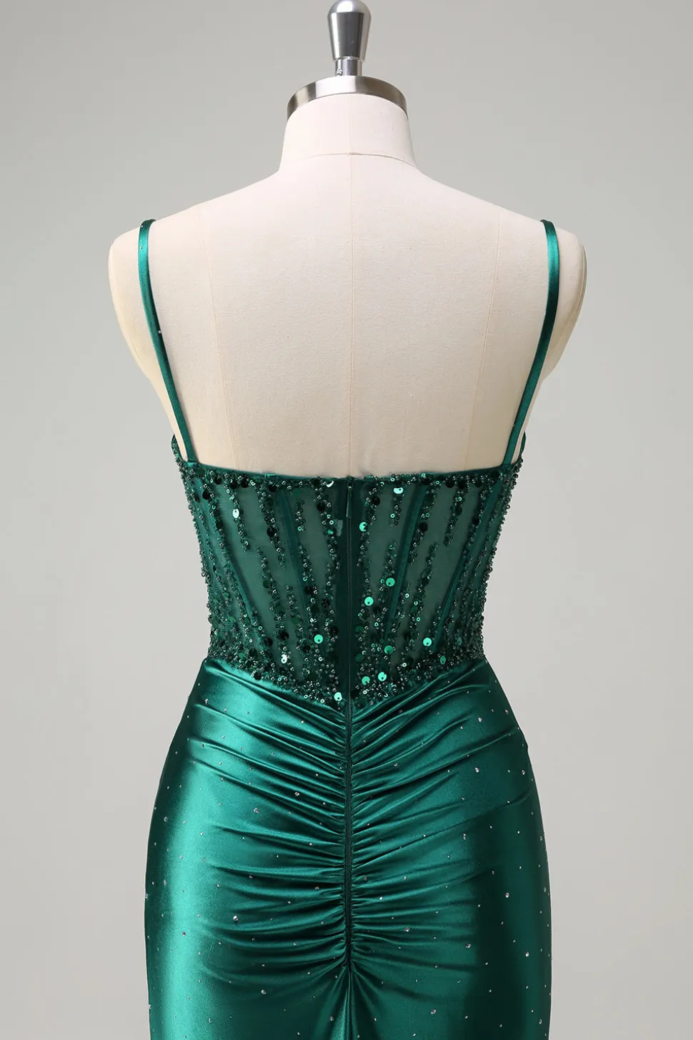 Brilhante verde escuro sereia espaguete correias espartilho frisado vestido de baile com fenda