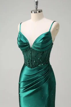 Brilhante verde escuro sereia espaguete correias espartilho frisado vestido de baile com fenda