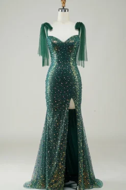 Brilhante verde escuro sereia lantejoulas longo vestido de baile com fenda