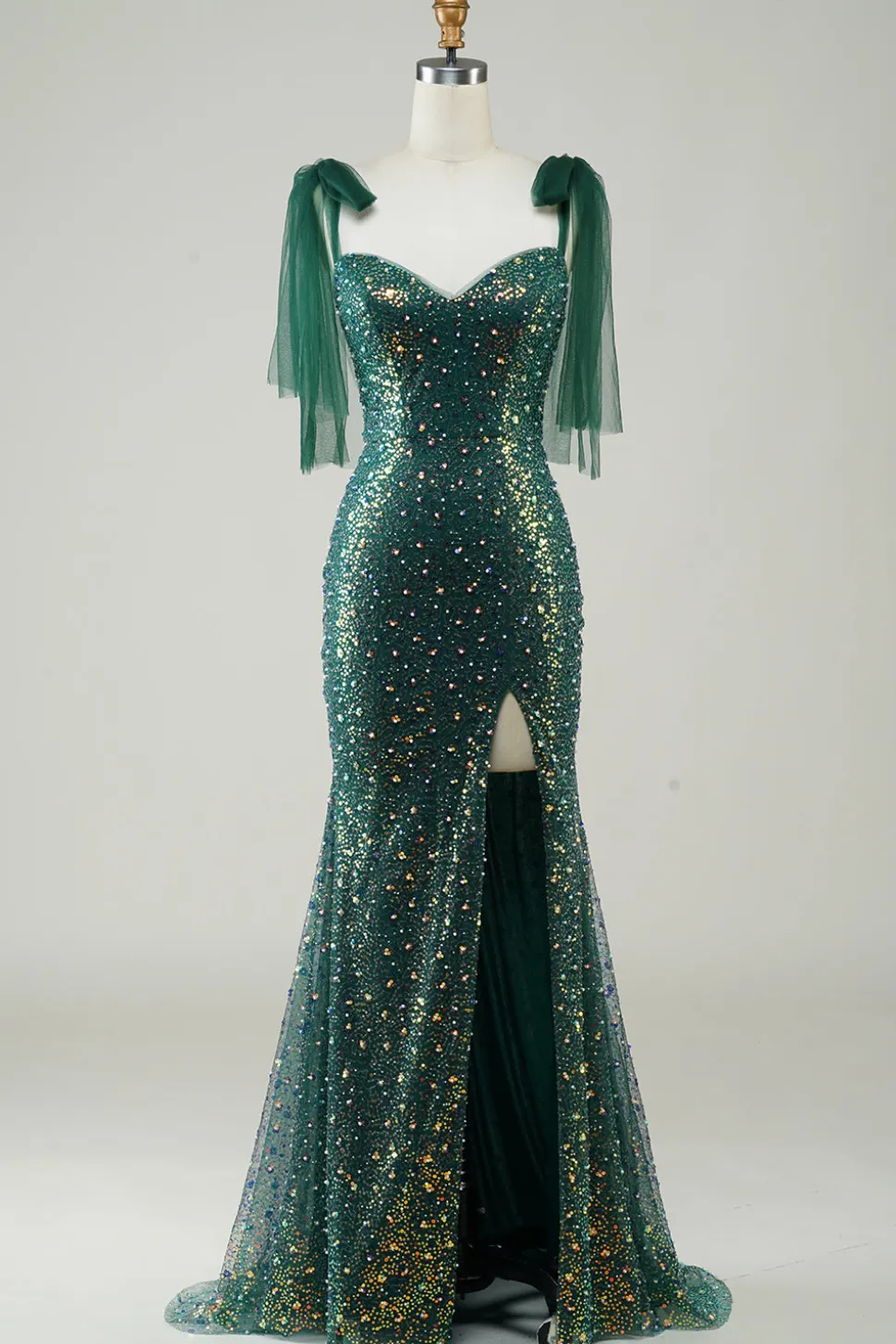 Brilhante verde escuro sereia lantejoulas longo vestido de baile com fenda