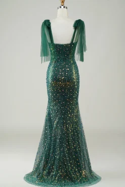 Brilhante verde escuro sereia lantejoulas longo vestido de baile com fenda