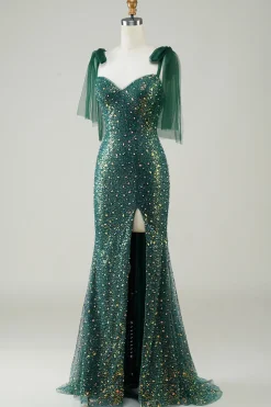 Brilhante verde escuro sereia lantejoulas longo vestido de baile com fenda