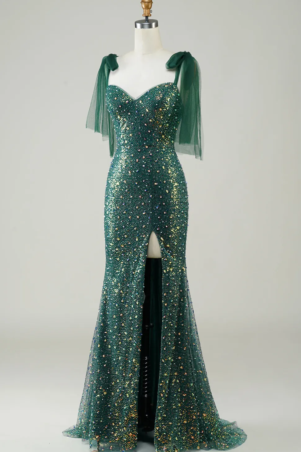 Brilhante verde escuro sereia lantejoulas longo vestido de baile com fenda
