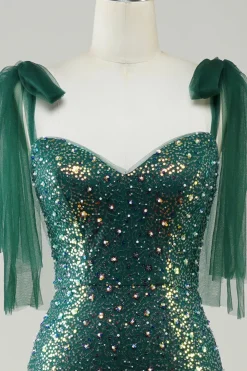 Brilhante verde escuro sereia lantejoulas longo vestido de baile com fenda