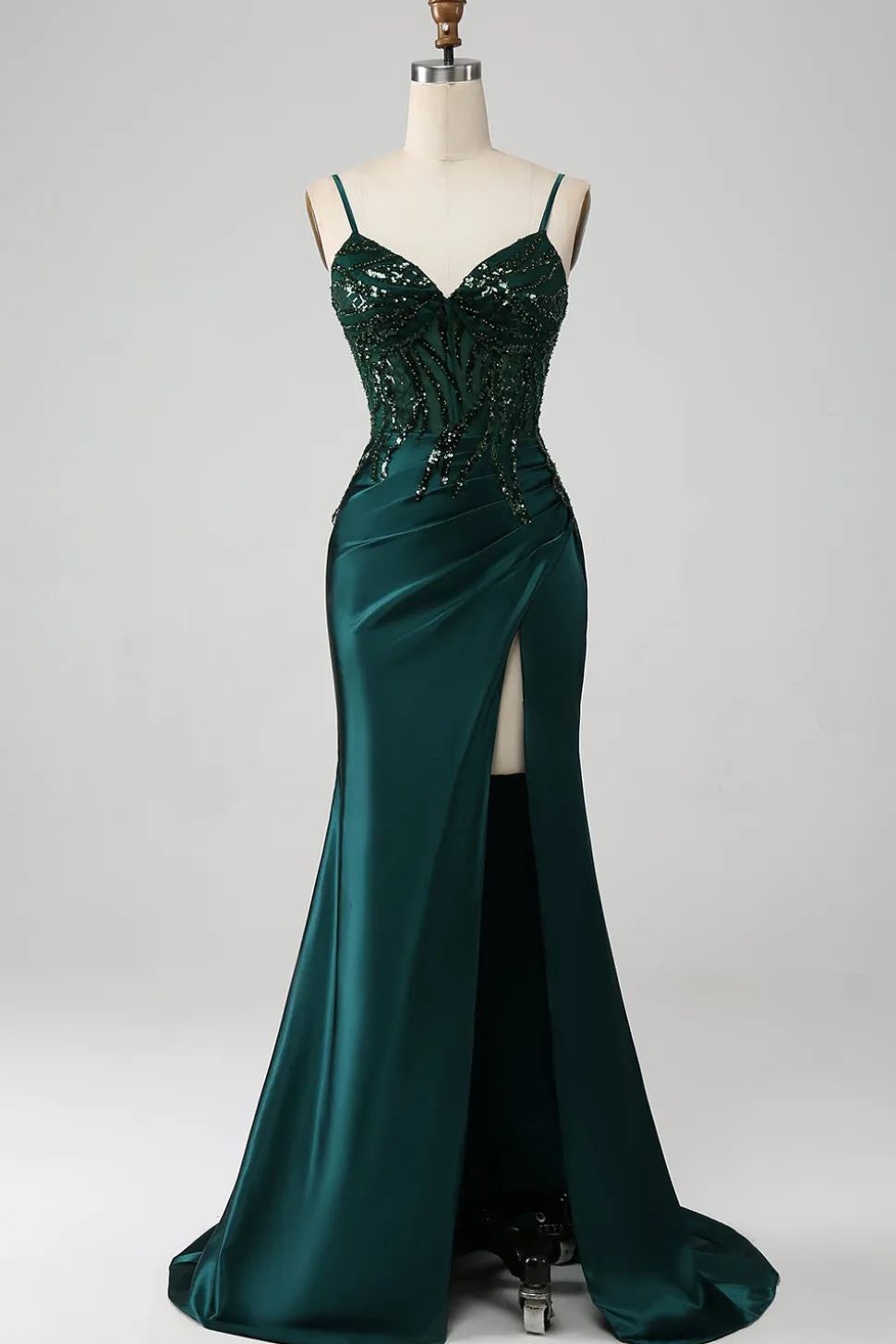 Brilhante verde escuro sereia lantejoulas plissado espartilho vestido de baile com fenda