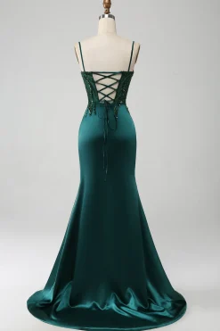 Brilhante verde escuro sereia lantejoulas plissado espartilho vestido de baile com fenda