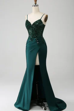 Brilhante verde escuro sereia lantejoulas plissado espartilho vestido de baile com fenda