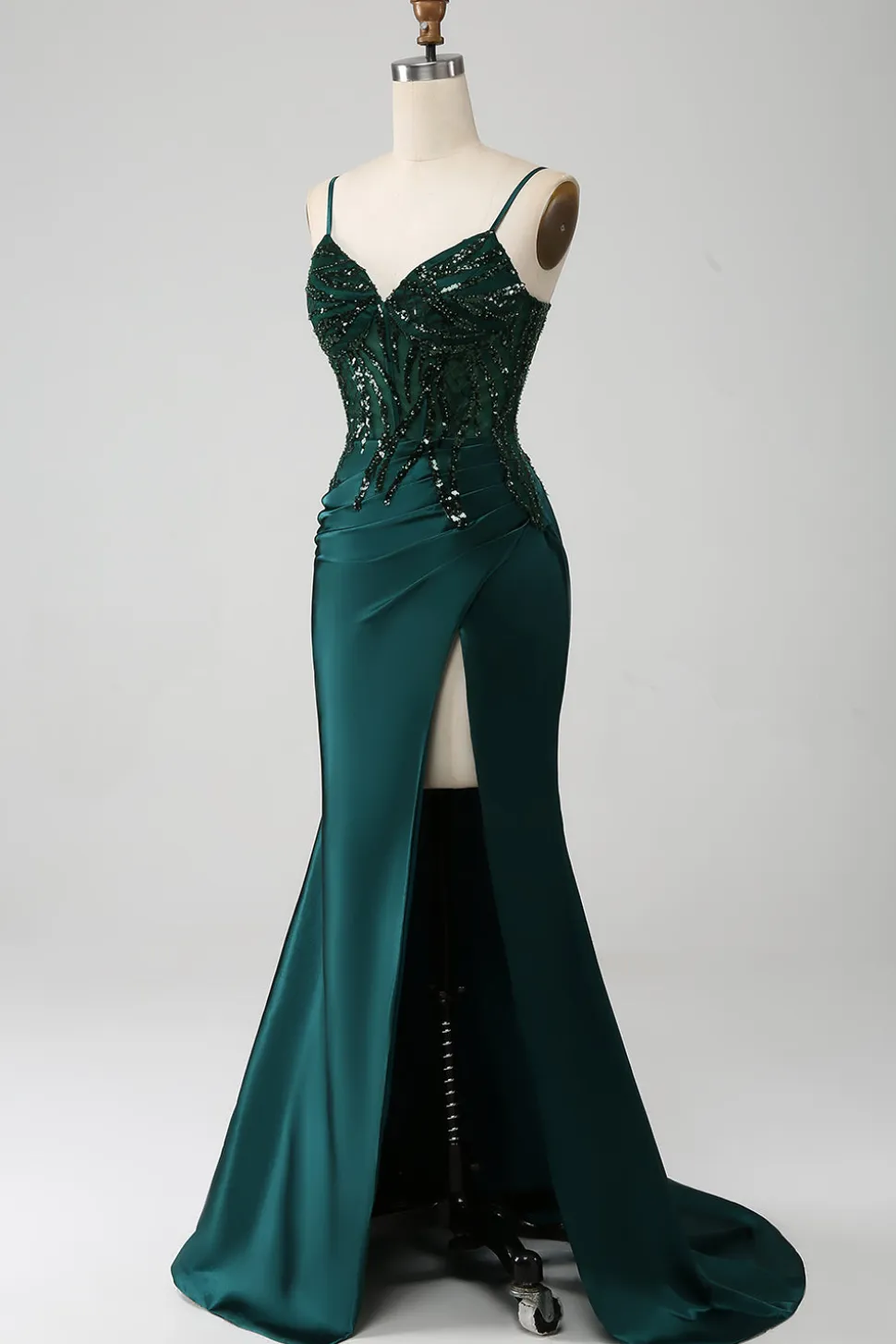 Brilhante verde escuro sereia lantejoulas plissado espartilho vestido de baile com fenda