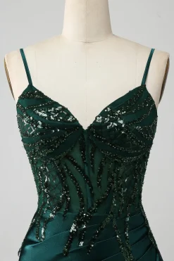 Brilhante verde escuro sereia lantejoulas plissado espartilho vestido de baile com fenda