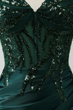 Brilhante verde escuro sereia lantejoulas plissado espartilho vestido de baile com fenda