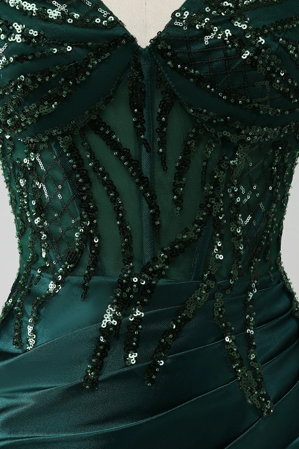 Brilhante verde escuro sereia lantejoulas plissado espartilho vestido de baile com fenda