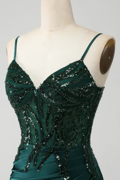 Brilhante verde escuro sereia lantejoulas plissado espartilho vestido de baile com fenda