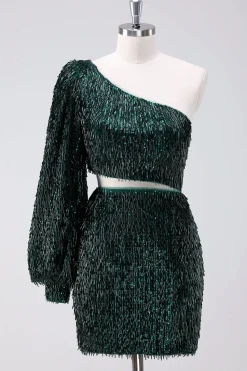 Brilhante verde escuro um ombro apertado vestido curto Homecoming com borlas