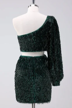 Brilhante verde escuro um ombro apertado vestido curto Homecoming com borlas