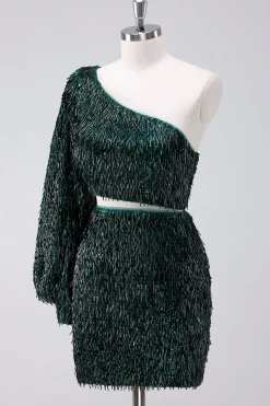 Brilhante verde escuro um ombro apertado vestido curto Homecoming com borlas