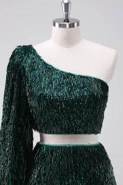 Brilhante verde escuro um ombro apertado vestido curto Homecoming com borlas