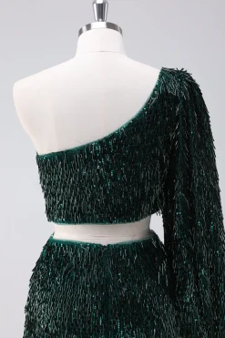 Brilhante verde escuro um ombro apertado vestido curto Homecoming com borlas