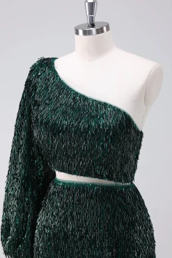 Brilhante verde escuro um ombro apertado vestido curto Homecoming com borlas