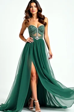 Brilhante verde escuro uma linha de lantejoulas querida vestido longo baile de formatura com fenda