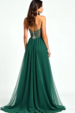Brilhante verde escuro uma linha de lantejoulas querida vestido longo baile de formatura com fenda