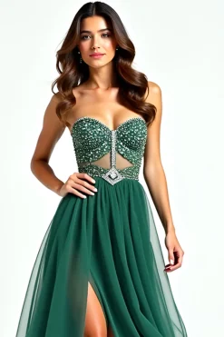 Brilhante verde escuro uma linha de lantejoulas querida vestido longo baile de formatura com fenda