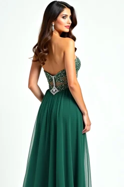 Brilhante verde escuro uma linha de lantejoulas querida vestido longo baile de formatura com fenda