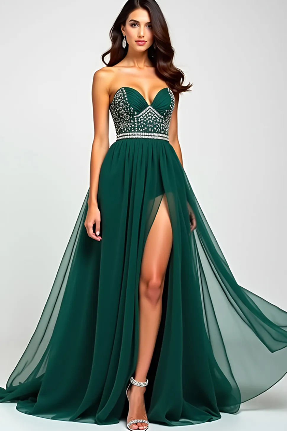 Brilhante verde escuro uma linha de lantejoulas longo vestido de baile com fenda
