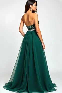 Brilhante verde escuro uma linha de lantejoulas longo vestido de baile com fenda