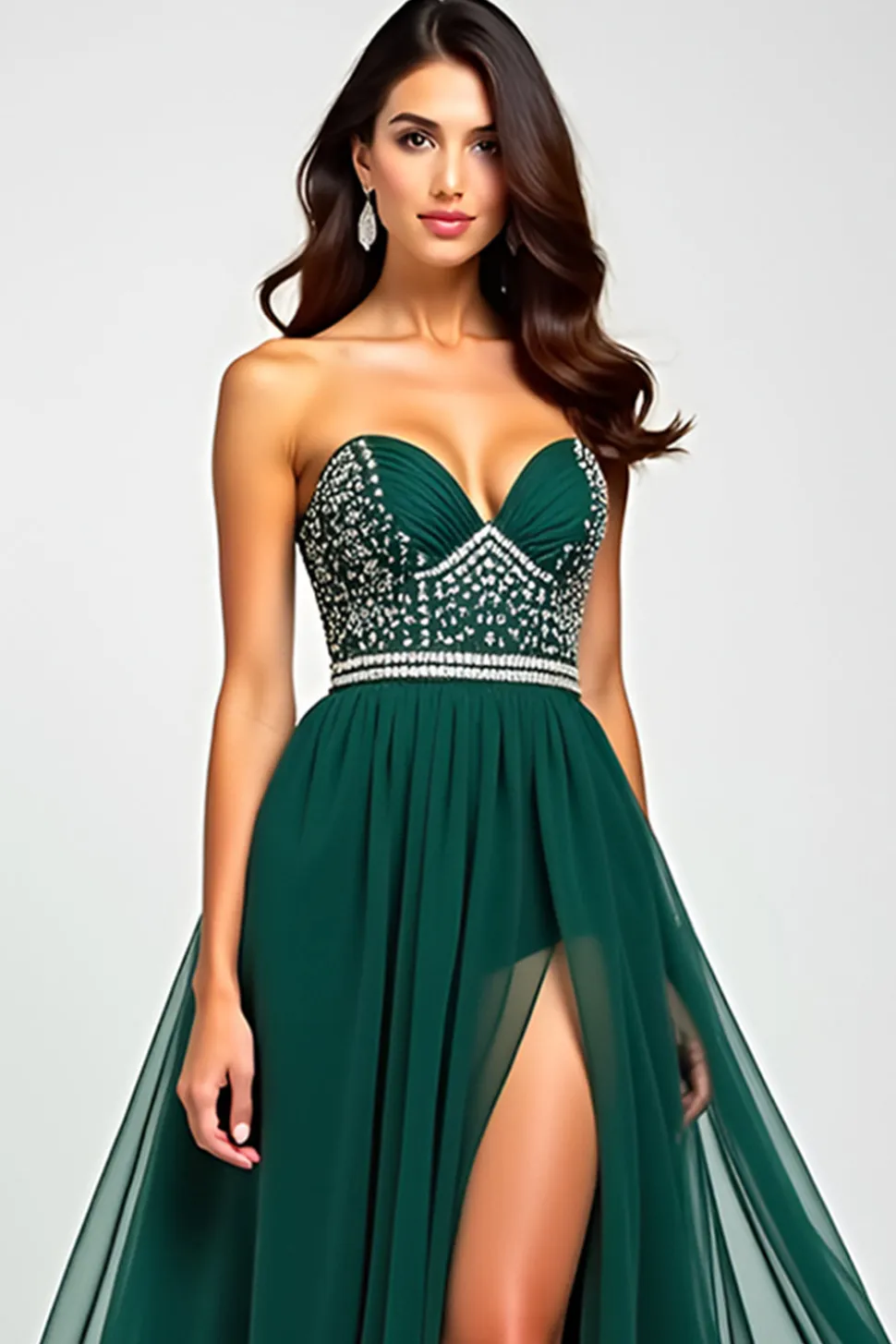 Brilhante verde escuro uma linha de lantejoulas longo vestido de baile com fenda