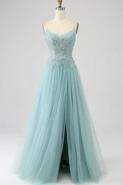Brilhante Verde Luz A-Line Sequin Applique Corset Prom Dress Com Fenda