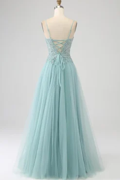 Brilhante Verde Luz A-Line Sequin Applique Corset Prom Dress Com Fenda
