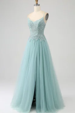 Brilhante Verde Luz A-Line Sequin Applique Corset Prom Dress Com Fenda