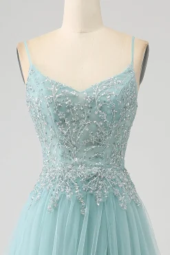 Brilhante Verde Luz A-Line Sequin Applique Corset Prom Dress Com Fenda