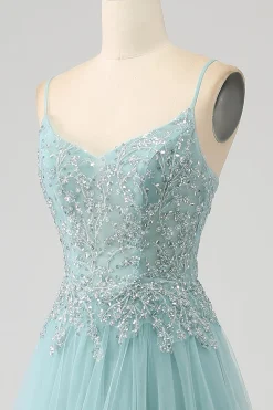 Brilhante Verde Luz A-Line Sequin Applique Corset Prom Dress Com Fenda