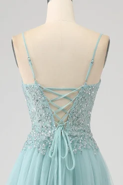 Brilhante Verde Luz A-Line Sequin Applique Corset Prom Dress Com Fenda