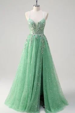 Brilhante Verde Luz Uma Linha Esparguete Correias Espartilho Tule Vestido de Baile com Fenda