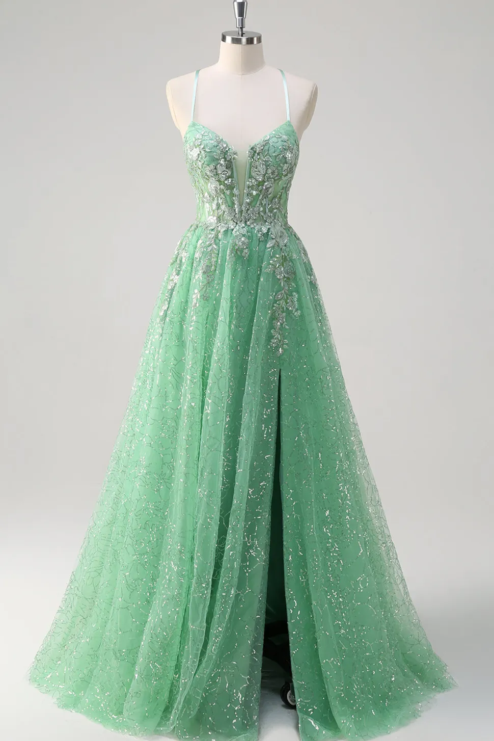 Brilhante Verde Luz Uma Linha Esparguete Correias Espartilho Tule Vestido de Baile com Fenda