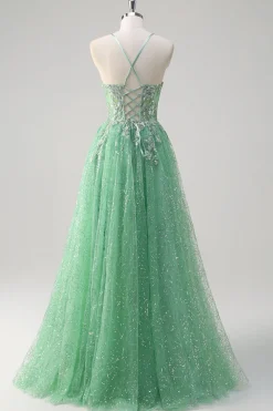 Brilhante Verde Luz Uma Linha Esparguete Correias Espartilho Tule Vestido de Baile com Fenda