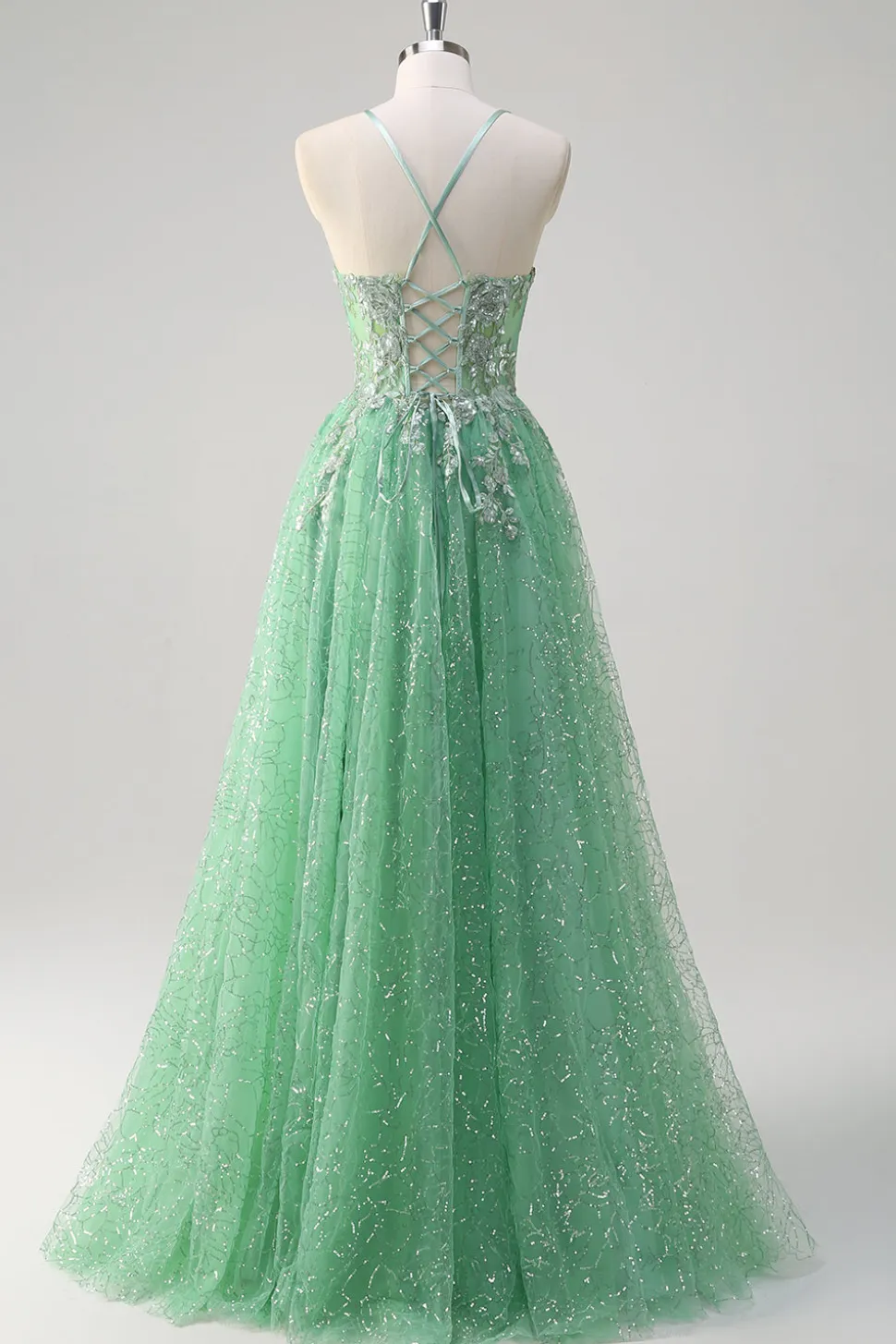 Brilhante Verde Luz Uma Linha Esparguete Correias Espartilho Tule Vestido de Baile com Fenda